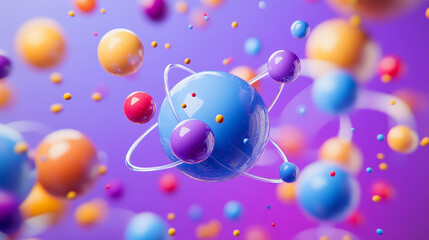Poster - Science colorful atom spheres of blue purple red yellow cyan elements, dots orbs or particles orbit. Geometry digital 3d grid sphere for futuristic chart vector illustration on purple background