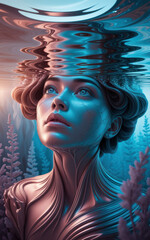 Poster - Surreal Portrait of a Young Woman Ethereal in Water, Featuring Aquatic Elements in Shades of Blue and Silver
