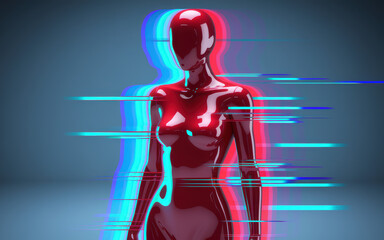 Poster - Dynamic Abstract Figure in Red and Blue Glitch Effect