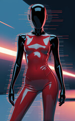 Poster - Futuristic Red Figure Displaying Confidence in a High-Tech Environment