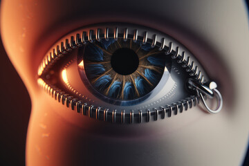 Poster - Surreal Close-Up of a Mechanical Eye with Intricate Metallic Details and Brilliant Blue Iris
