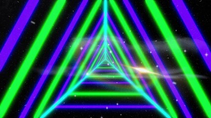 Poster - Animation of neon green and blue triangular tunnel with starry space background