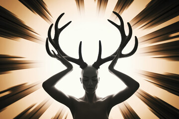 Poster - Elegant Silhouette of a Woman with Antlers Against a Radiant Background