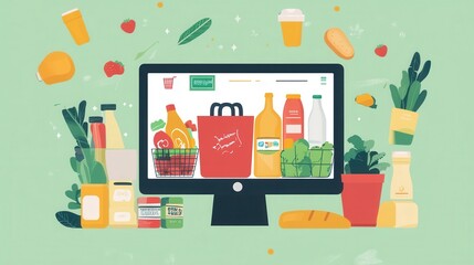 Poster - Stylized online grocery order summary showcased on a digital screen with vibrant elements representing various food and beverage items