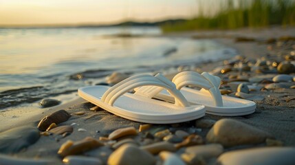 Aufkleber - White sandals are placed on a shore covered with smooth pebbles as the sun sets over the distant hills, casting a warm glow on the water and sand.