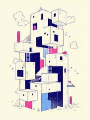 Poster - Architectural Cubism: A striking illustration of an abstract, multi-layered building, composed of geometric cubes and linear elements, showcasing a blend of modernity and artistry.