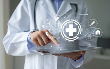 Doctor using digital tablet with medical interface