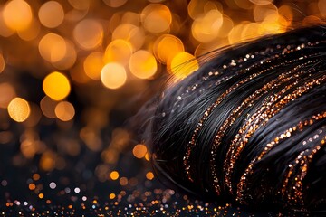 Poster - Macro shot of dark feather with water drops reflecting golden bokeh lights creating magical atmosphere. Glitter and sparkles add dreamy effect to nature detail.