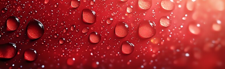 Poster - Red water drops on glass surface with blurred background creating romantic atmosphere and bokeh effect in panoramic format, macro photography.
