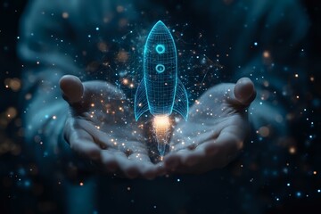 Poster - Glowing blue rocket hologram floating above open palms against dark background with magical sparkles and bokeh lights creating futuristic startup concept.