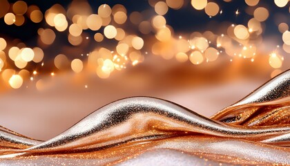 Poster - Luxurious rose gold metallic waves with glowing golden bokeh lights creating magical festive atmosphere against soft brown background for holiday designs.