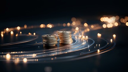 Poster - Stacked coins on dark rippled surface with glowing bokeh lights creating magical financial atmosphere. Money concept with dramatic lighting and reflections.