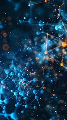 Poster - abstract molecular structure with glowing blue and orange nodes connected by bright lines against da