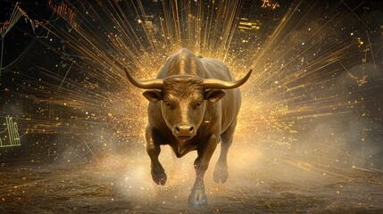 Poster - A stylized gold bull charging ahead with bright neon financial indicators surrounding it.