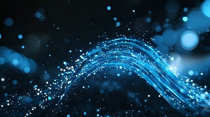 Aufkleber - Glowing blue light trails with sparkles and bokeh effects on dark background create dynamic flowing energy waves for technology concepts.