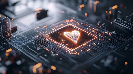 Poster - Glowing heart symbol on computer processor chip with orange light effects and circuit paths, representing artificial intelligence and emotional technology.