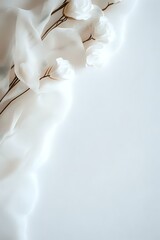 Poster - Delicate white cotton flowers on thin brown stems against soft flowing fabric create ethereal minimalist composition with copy space for wedding and lifestyle designs.