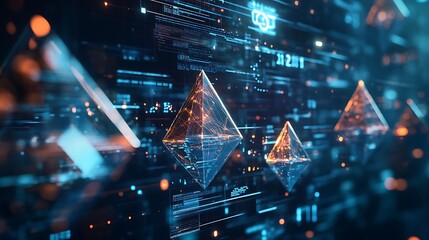 Poster - a high-tech background with floating, transparent pyramids displaying interactive data points and gr