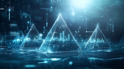 Poster - A high-tech background with floating, transparent pyramids displaying interactive data points and graphs