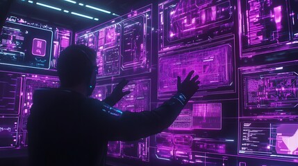 Aufkleber - A high-tech interface with multiple floating touchscreens and neon purple lines