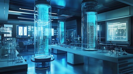 Poster - A high-tech laboratory with floating, transparent tubes displaying scientific data and experiments