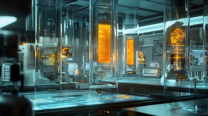 Poster - A high-tech laboratory with floating, transparent tubes displaying scientific data and experiments