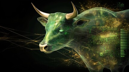 Poster - Futuristic green bull with digital stock numbers in the background, symbolizing economic growth.
