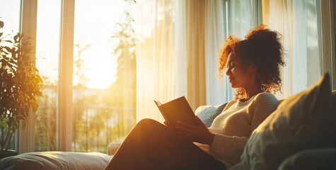 Aufkleber - A woman rests comfortably on a couch in her home, reading a book. Sunlight filters through the curtains, creating a cozy atmosphere. Her pregnancy adds to the warmth of this peaceful moment.