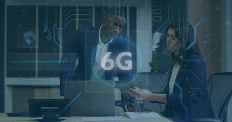 Poster - 6G technology animation over diverse professionals collaborating in modern office