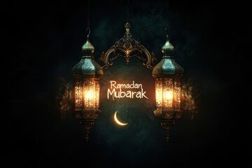 Wall Mural - Elegant Ramadan Mubarak Design with Golden Calligraphy, Lanterns, and Crescent Moon