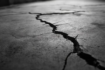 Poster - this black and white photo showcases a closeup of a cracked concrete surface revealing intricate pat
