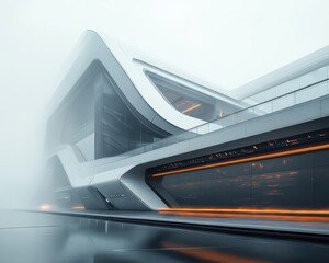 Poster - Modern architectural design in fog with sleek lines and lighting