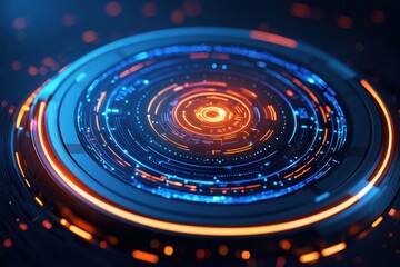 Poster - Futuristic Abstract Circular Shape with Vibrant Blue and Orange Lines
