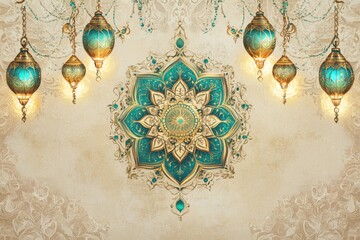 Wall Mural - Elegant Eid Mubarak Card with Arabic Calligraphy, Lanterns, and Middle Eastern Patterns