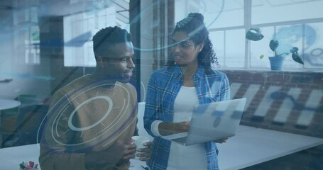 Poster - Two people discussing work over digital interface animation in modern office