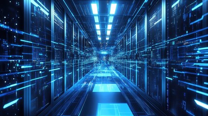 Poster - A futuristic data center with glowing blue server racks and high-speed digital streams, creating a cyber-inspired environment. Ideal for cloud computing, AI, and cybersecurity themes