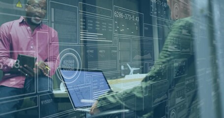 Poster - In office, business professionals working with digital data animation overlay