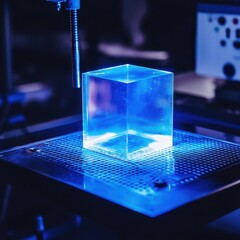 Poster - Illuminated Transparent Cube on a Laboratory Work Surface