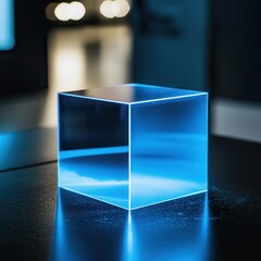 Poster - Illuminated Clear Cube on Dark Surface with Soft Background Lights