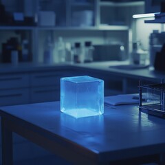 Poster - Glowing Ice Cube on Table in Modern Laboratory Setting at Night