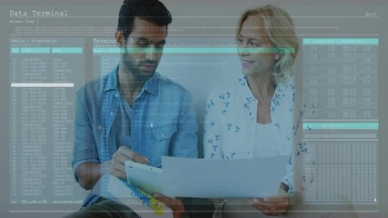 Aufkleber - Discussing documents, two people with animation data terminal interface in school