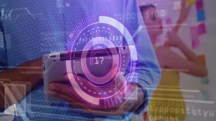 Poster - Holding tablet, person viewing animation of futuristic data visualization interface