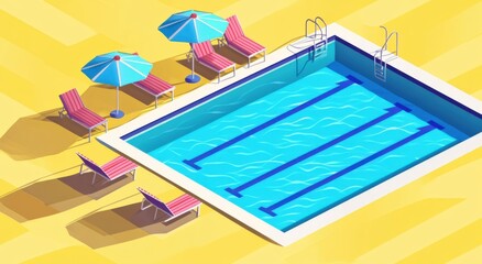 Poster - Swimming pool with lounge chairs and umbrellas, isometric illustration, bright colors, simple shapes, flat design, vector art style.