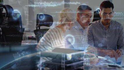 Poster - Collaborating in office, business professionals with digital data animation overlay