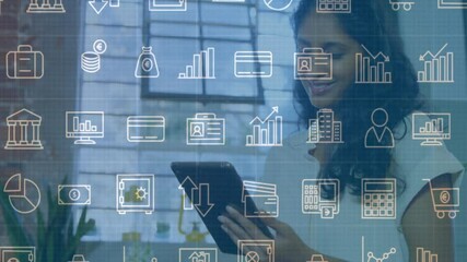 Poster - Using tablet with financial data animation, businesswoman in office environment