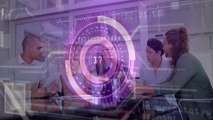 Poster - Business meeting with digital data processing animation over diverse group in office