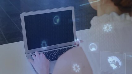 Poster - Person working on laptop with digital data processing animation overlay
