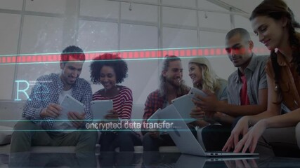 Poster - Using tablets and laptops, diverse group in school with data transfer animation