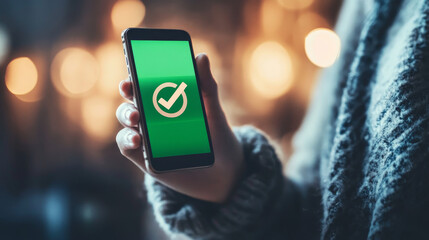 Poster - Checkmark on smartphone screen. Green confirmation notification of success finish app update or purchase payment tick on mobile phone holding in hand. Check mark sign vector flat illustration