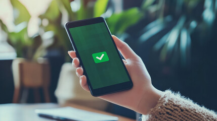 Poster - Checkmark on smartphone screen. Green confirmation notification of success finish app update or purchase payment tick on mobile phone holding in hand. Check mark sign vector flat illustration